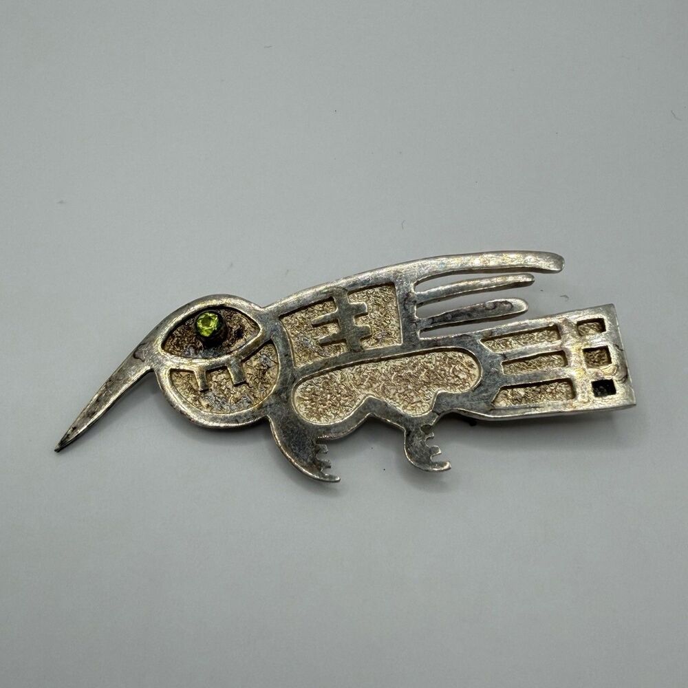 Vintage 900 Silver Ecuador Bird Brooch Green Stone Inlay Pin